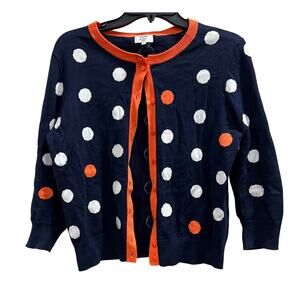 Crown & Ivy 3/4 sleeve button up cardigan sweater blue orange polka dots sz PL